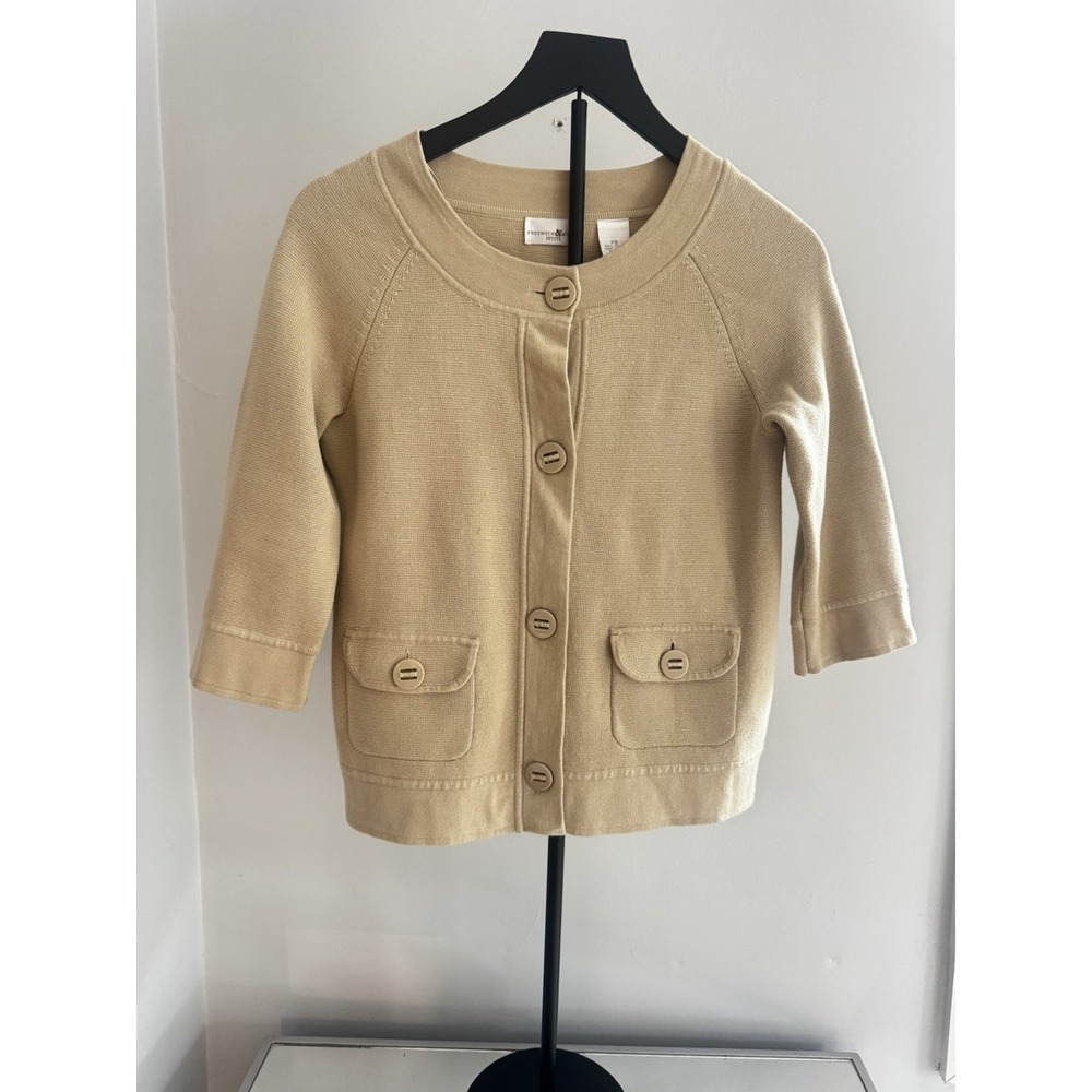 Preswick & Moore Tan Cotton Cardigan 3/4 Sleeve Button Classic Petite Sz S